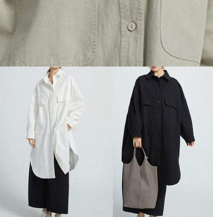 Natural White Cotton Clothes Big Pockets Shift Shirt Dress