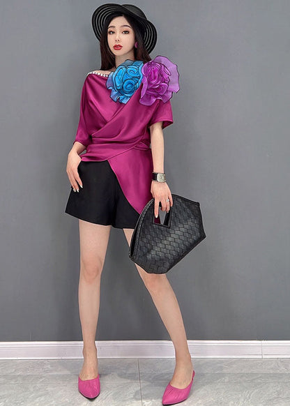 Classy Purple Red Asymmetrical Design Silk Shirt Vestidos Short Sleeve
