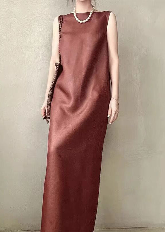 Red Pockets Back Side Open Silk Long Dress Sleeveless Summer