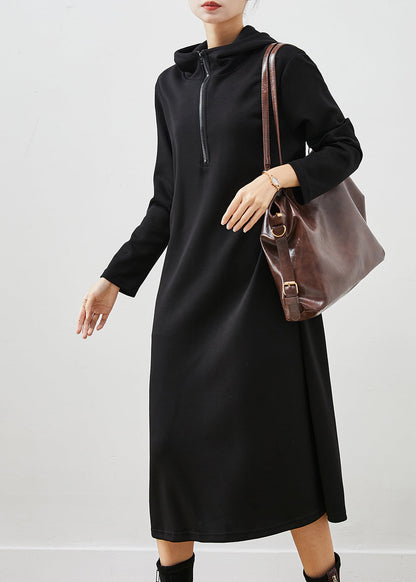 Black Hooded Zippered Cotton Sweatshirts Dress Spring