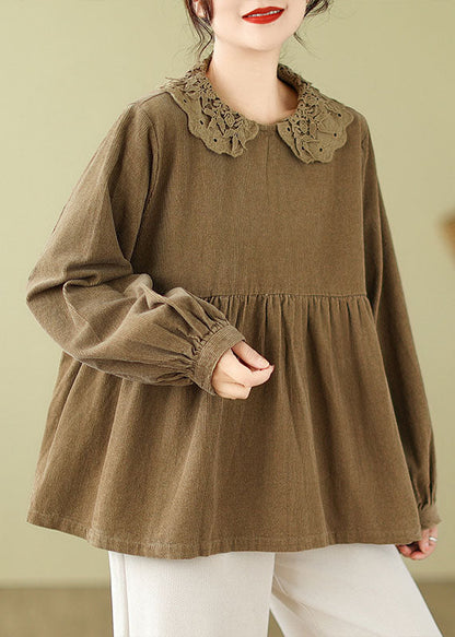 Khaki Lace Patchwork Wrinkled Tops Long Sleeve