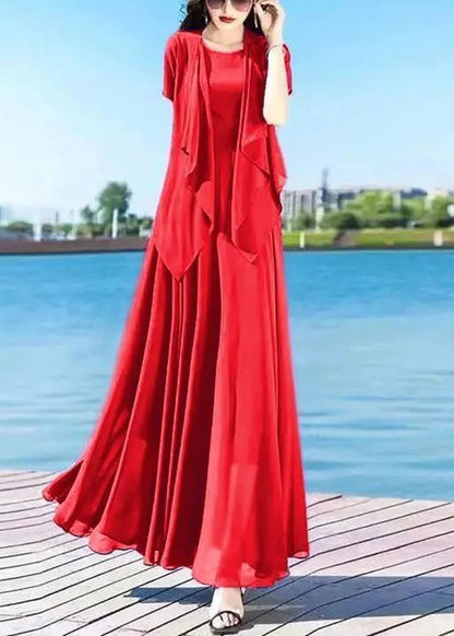 Royalblue O-neck Chiffon Cardigans and Long Dress Two Pieces Set Summer