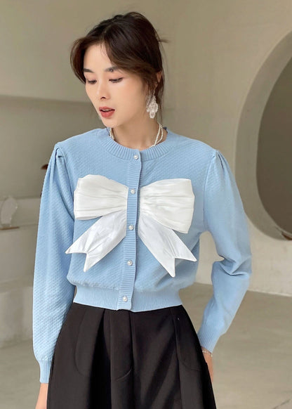 Blue Puff Sleeve Knit Top Spring