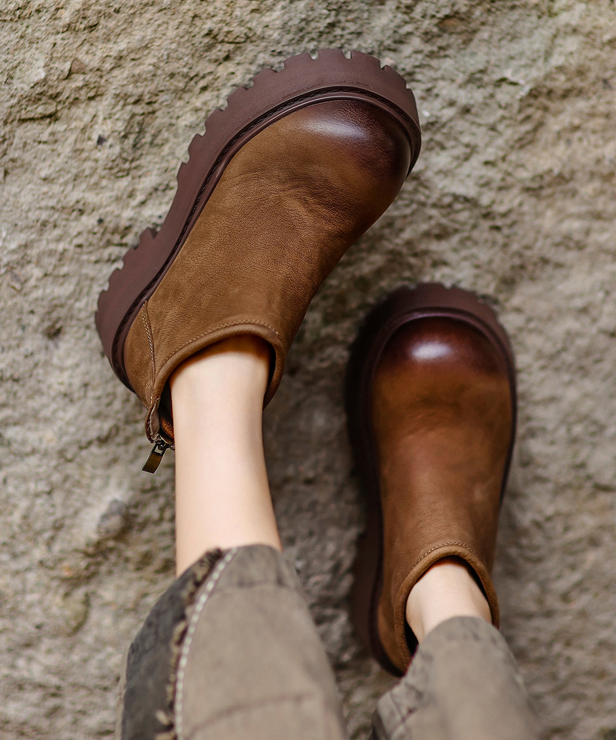 Khaki Zippered Splicing Platform Cowhide Leather Ankle Boots