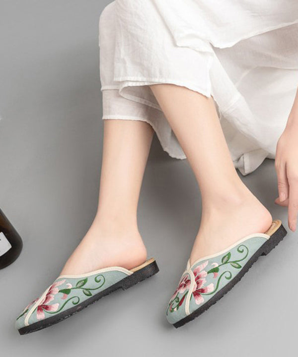 Green Linen Fabric Embroideried Comfy Slide Sandals