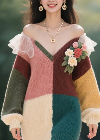 Stylish Colorblock V Neck Cold Shoulder Knit Sweater Dress Fall