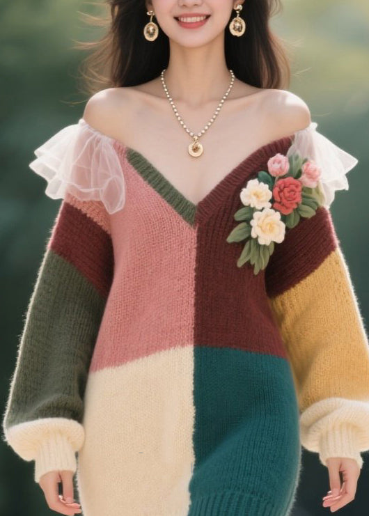 Stylish Colorblock V Neck Cold Shoulder Knit Sweater Dress Fall