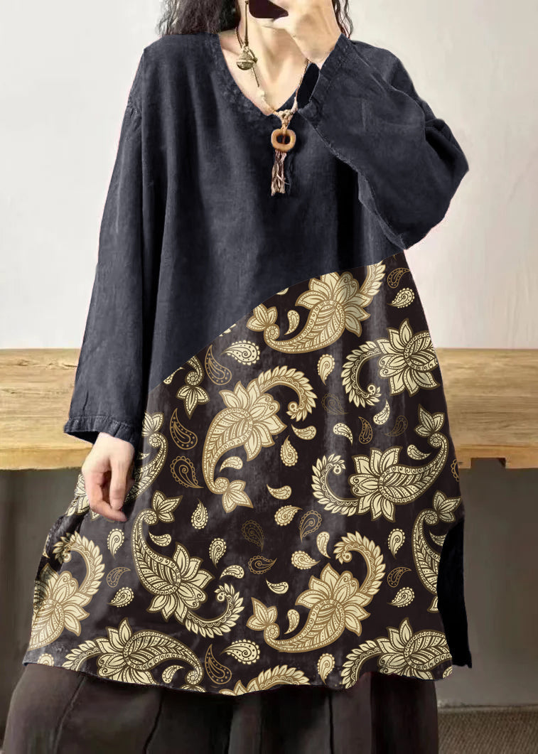 Black Flower V Neck Embroidered Patchwork Linen Mid Dresses Fall
