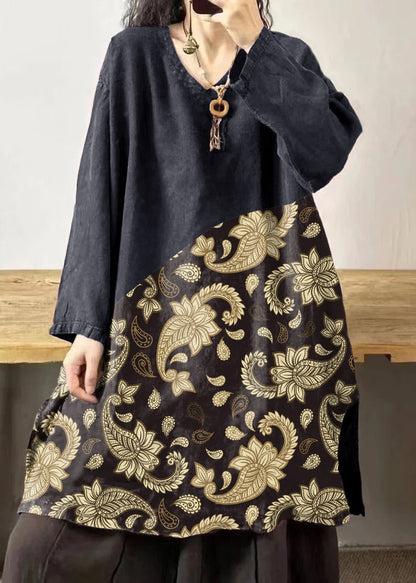 Black Text V Neck Embroidered Patchwork Linen Mid Dresses Fall
