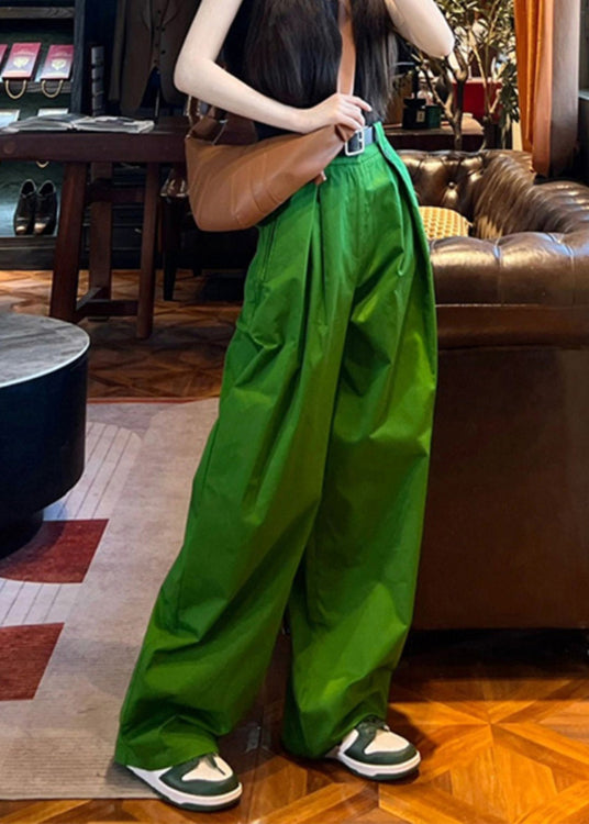 Style Green Pockets Cotton Wide Leg Pants Spring
