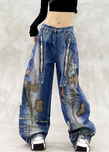Diy Blue Embroidered Zippered Denim Wide Leg Pants Spring