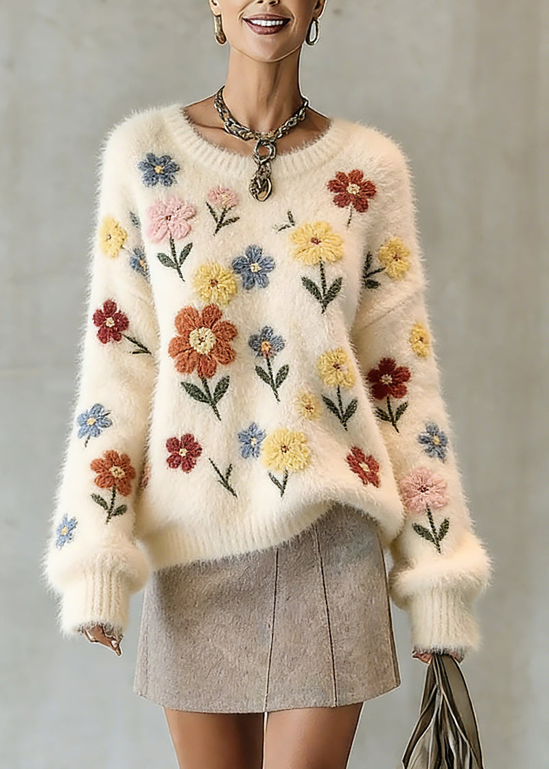 Natural Beige O-neck Embroidered Cotton Knit Sweater Tops Spring
