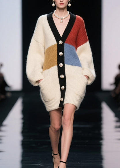 Colorblock V Neck Button Patchwork Knit Cardigan Fall