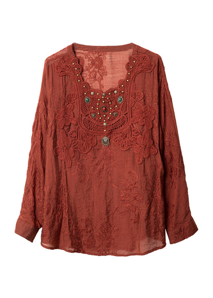 New Red Square Collar Embroidered Cotton Tops Spring