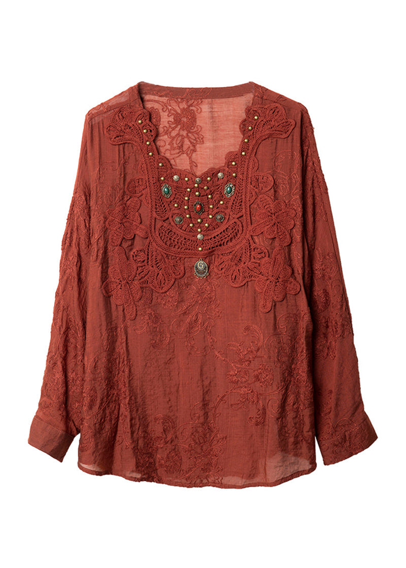 New Red Square Collar Embroidered Cotton Tops Spring