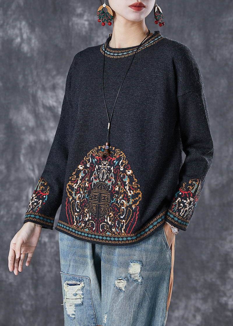 Black O-neck Print Cotton Blouses Fall