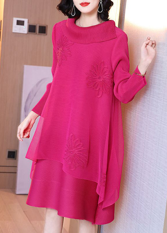 Rose Turtleneck Zircon Patchwork Tulle Dresses Spring