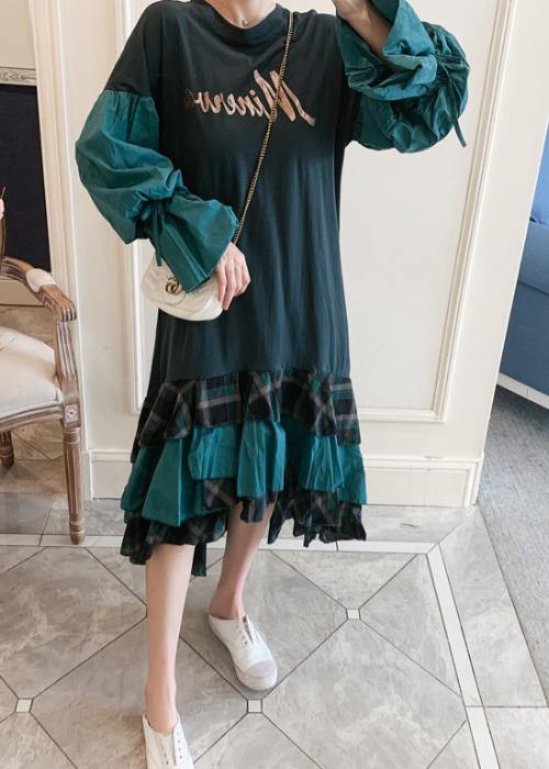 Modern O Neck Ruffles Spring Tunic Pattern Work Outfits Green Letter Dresses