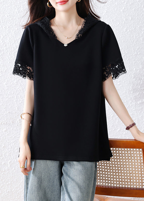 Black Hooded Patchwork Lace Tank Summer