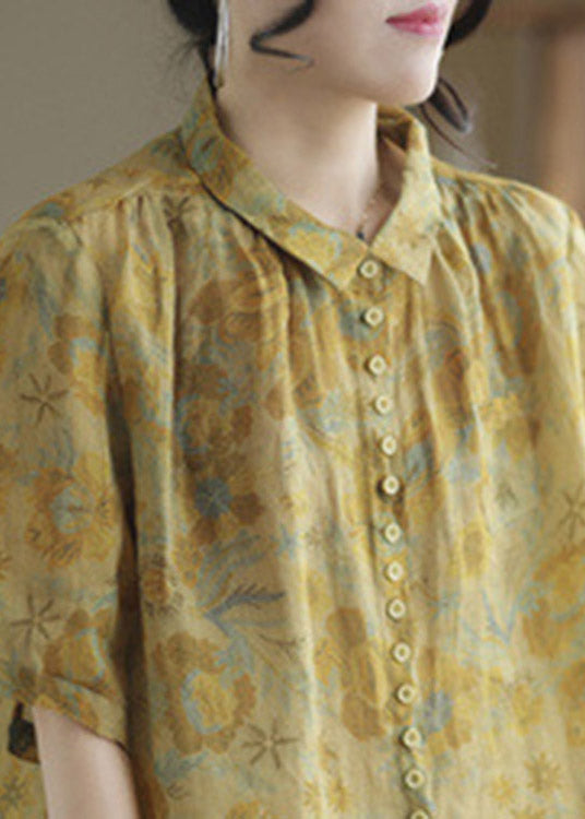 Yellow Peter Pan Collar Print Linen Shirt Half Sleeve