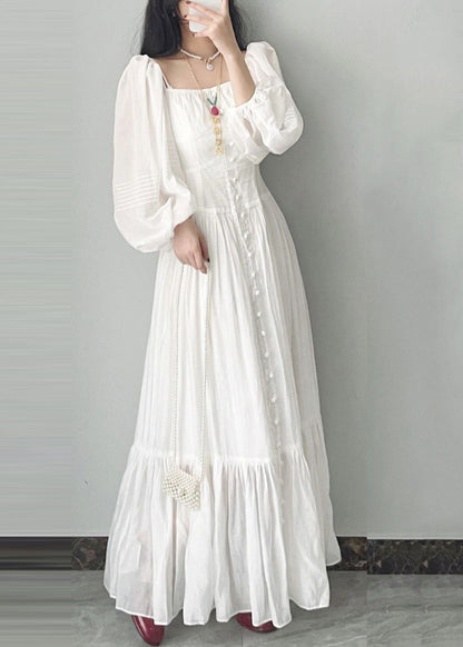 French Square Neck Bubble Sleeve White Vacation Dress Fall