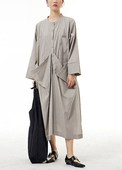 Organic Grey Pockets Wrinkled Patchwork Cotton Dress Spring