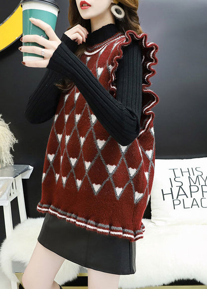 Style Beige O-neck Ruffled Plaid Fall Knit Vest