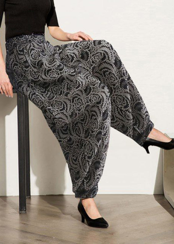 Black Print Elastic Waist Lantern Pants Spring