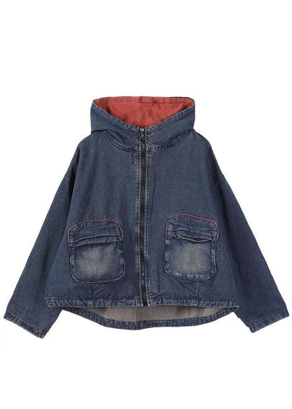 Blue Hooded Pockets Zippered Fall Denim Coat Long Sleeve