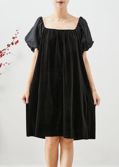 Black Square Collar Patchwork Silk Velour Maxi Dresses Summer
