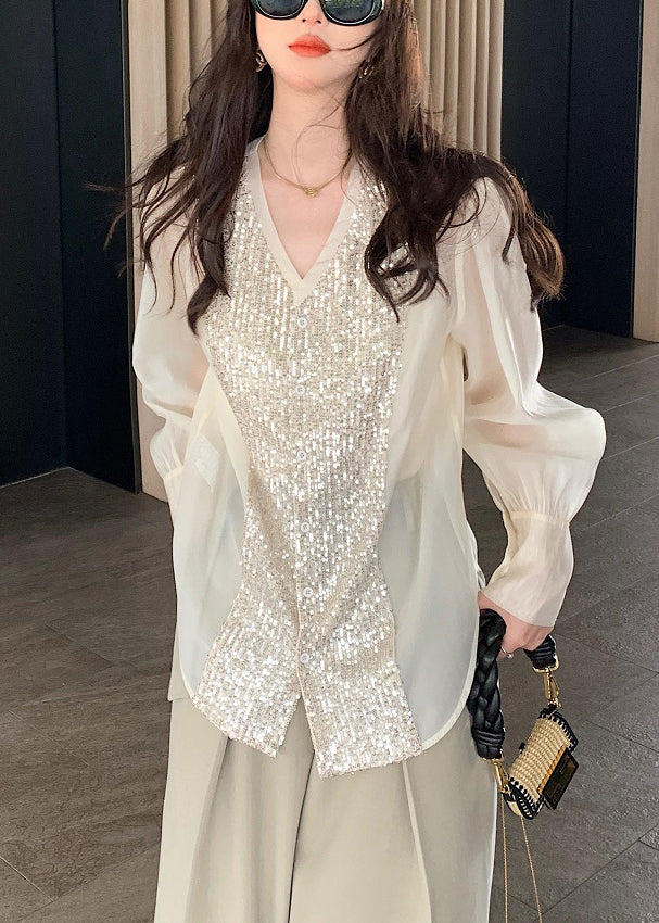 White V Neck Sequins Patchwork Silk Blouses Long Sleeve