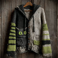 Comstylish Halloween Black Cat Contrast Striped Hooded Cozy Knit Cardigan