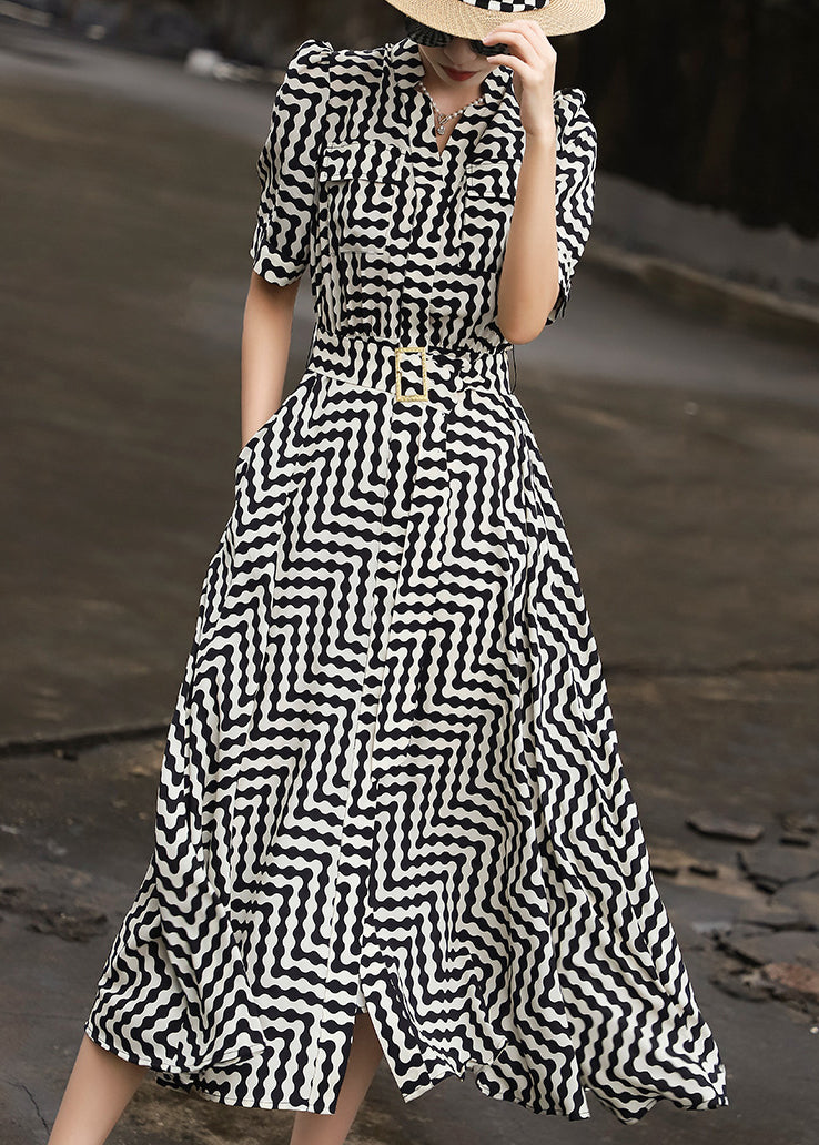 Black Striped Tie Waist Chiffon Dresses Summer