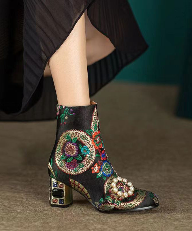 Yellow Embroidery Nail Bead Zircon Chunky Heel Boots