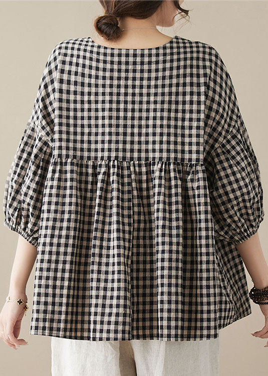 Plaid O Neck Wrinkled Patchwork Cotton Top Lantern Sleeve