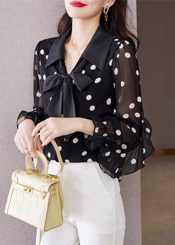 Black Ruffled Dot Print Chiffon Shirts Spring