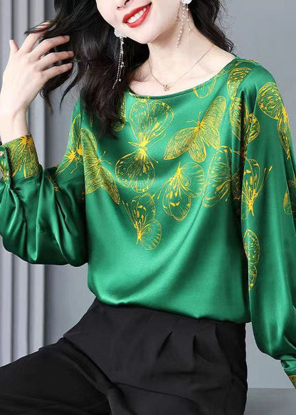 Green O-neck Butterfly Print Silk Blouse Tops Long Sleeve