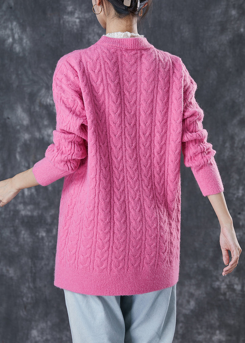 Pink Ruffled Patchwork Thick Knit Pullover Winter