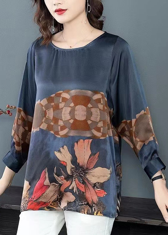 Navy O Neck Print Patchwork Silk Tops Fall