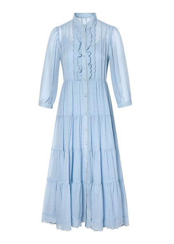 Blue Stand Collar Wrinkled Button Patchwork Silk Dress Fall