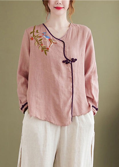 Pink Embroideried Asymmetrical Design Patchwork Top Long Sleeve