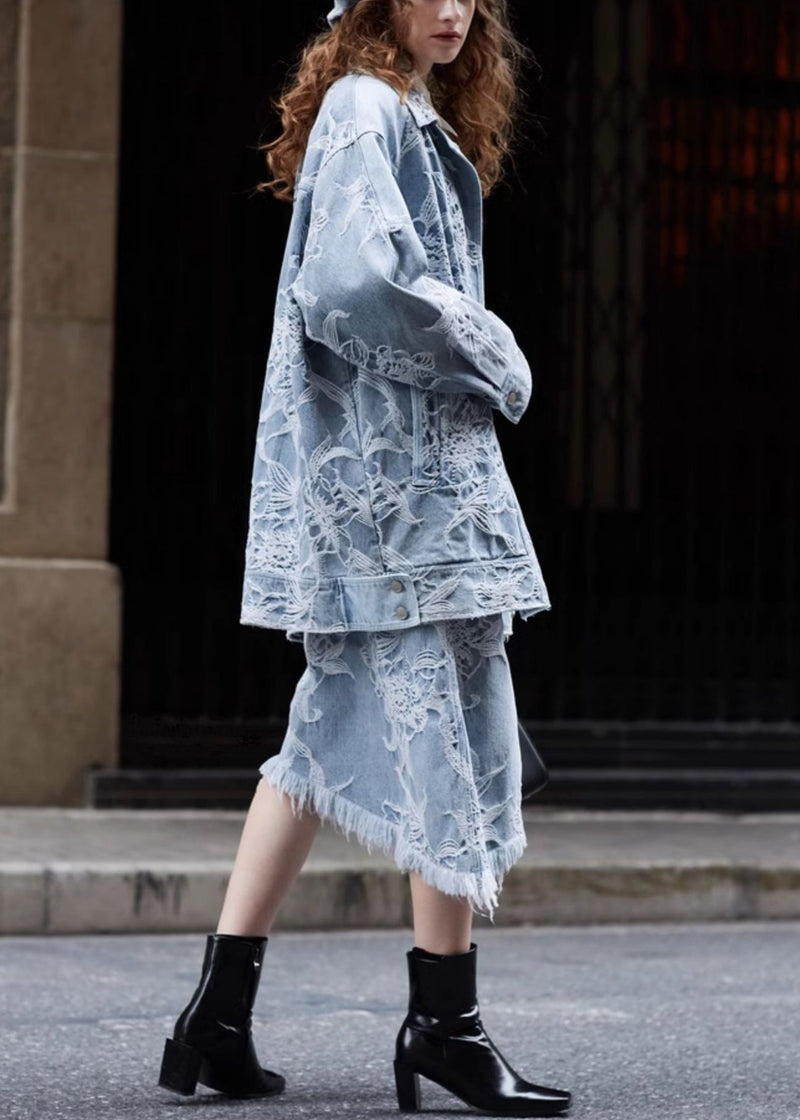 Original Design Blue Jacquard Denim Jacket and Skirts Two Pieces Set Fall