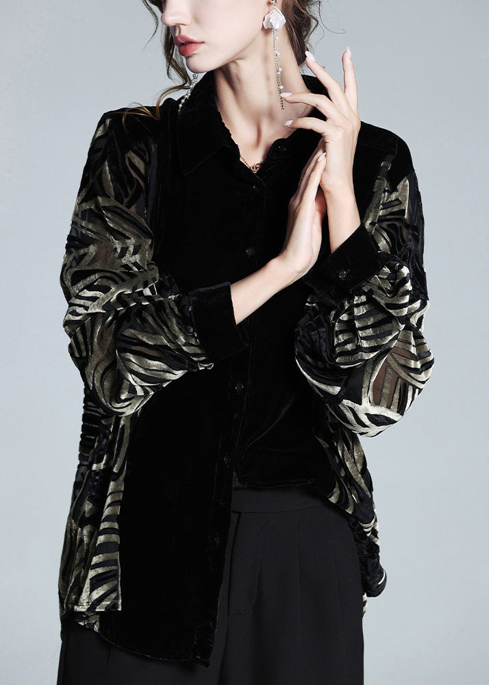 Black Peter Pan Collar Print Patchwork Button Silk Velour Shirt Long Sleeve