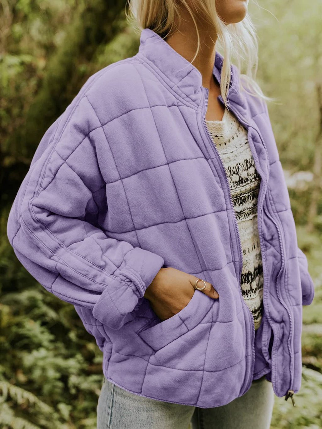 Stand collar padded loose pocket jacket