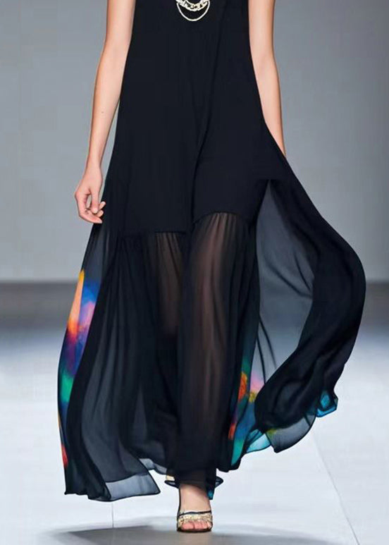 Art Black V Neck Tie Dye Chiffon a Line Dresses Summer