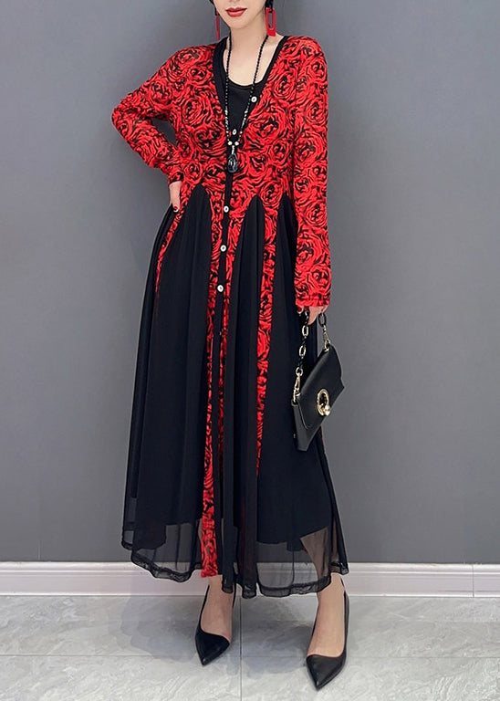 French Red O-neck Print Tulle Maxi Dresses Spring