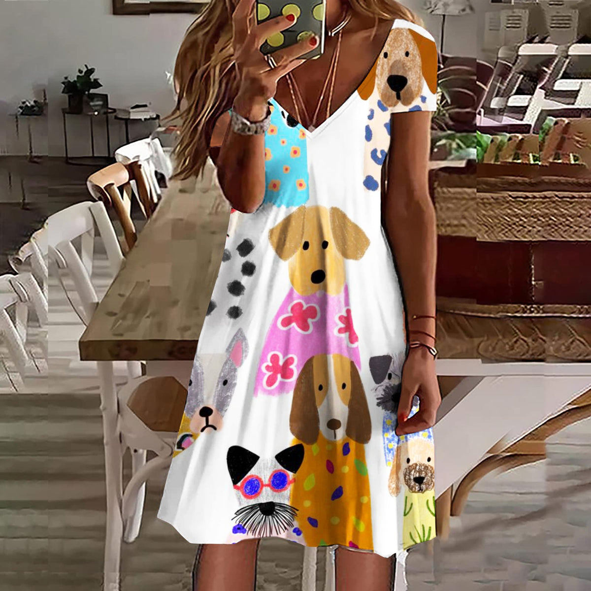 Comstylish Women's Colorful Cute Dogs Casual Midi Dress
