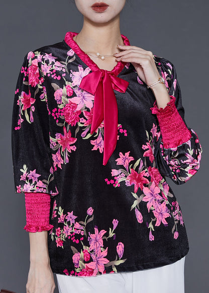 Diy Black Bow Collar Print Silk Velour Shirt Spring