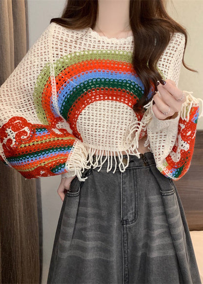Brown O-neck Tassel Patchwork Knit Tops Fall