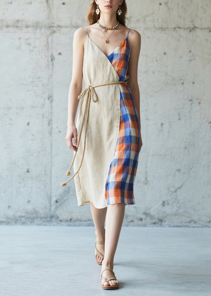 Beige Asymmetrical Patchwork Linen Cami Dresses Summer